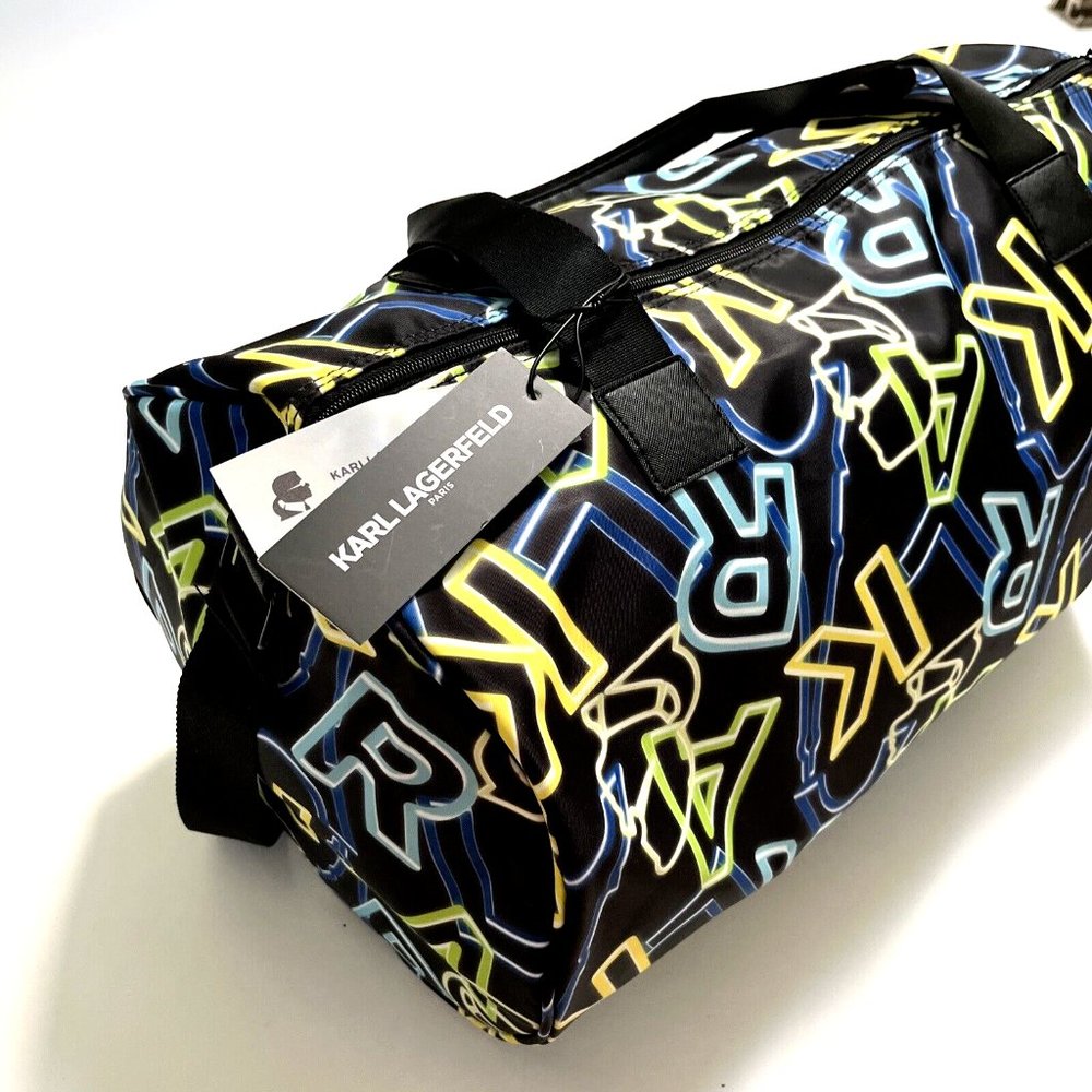 NWT Karl Lagerfeld Neon Logo Duffle Gym Bag Weekender 19" Black Travel Tote $150 - Picture 3 of 7